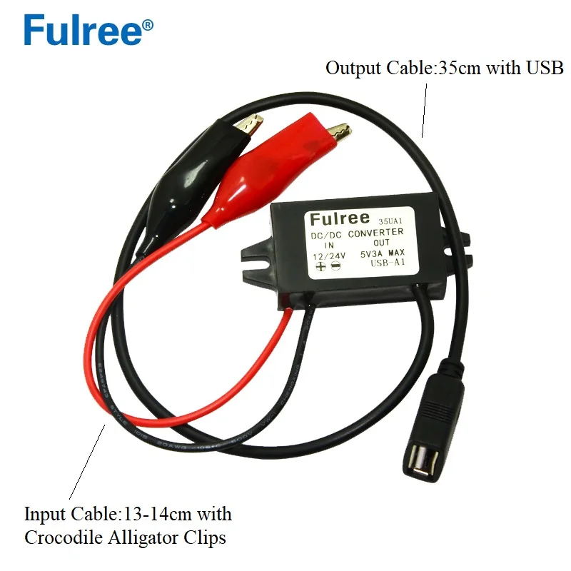 Fulree 12V24V to 5V 3A Car Charger Crocodile Alligator Clips to USB Cable for iphone/Samsung DC-DC Step Down Buck Converter