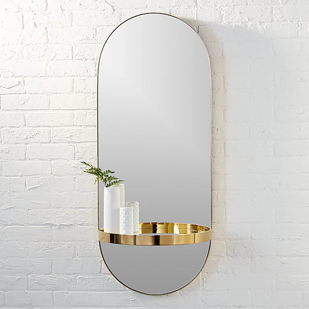 RIANHOU caplet oval mirror with shelf gold wall mounted metal frame mirror decorative for living room or bathroom