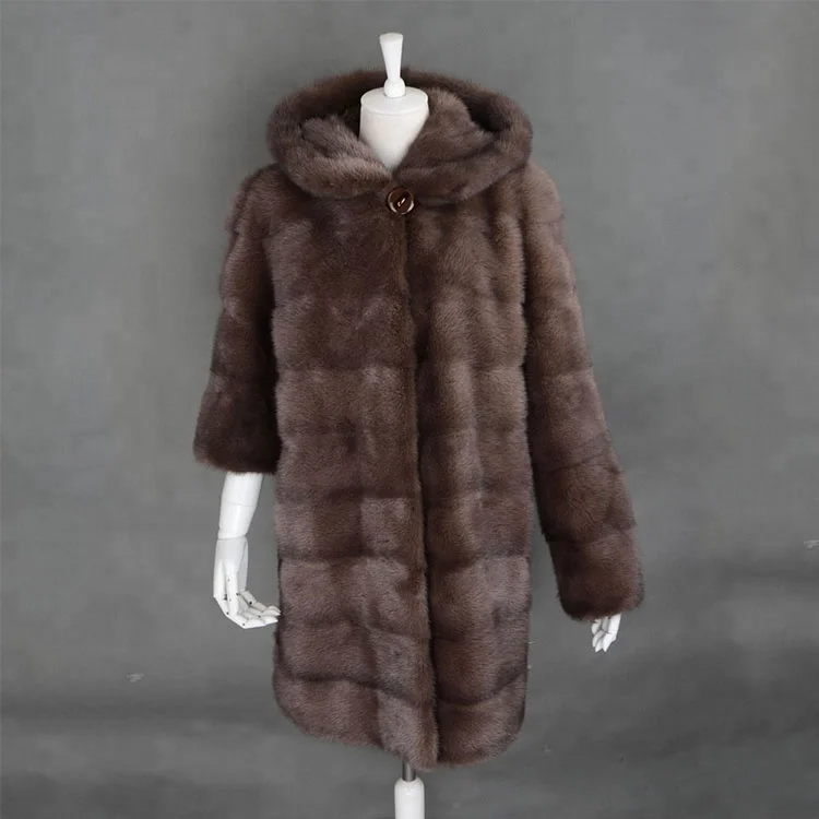 Fashion Natural Brown 90 cm Hooded Long Mink Fur Coat for Women