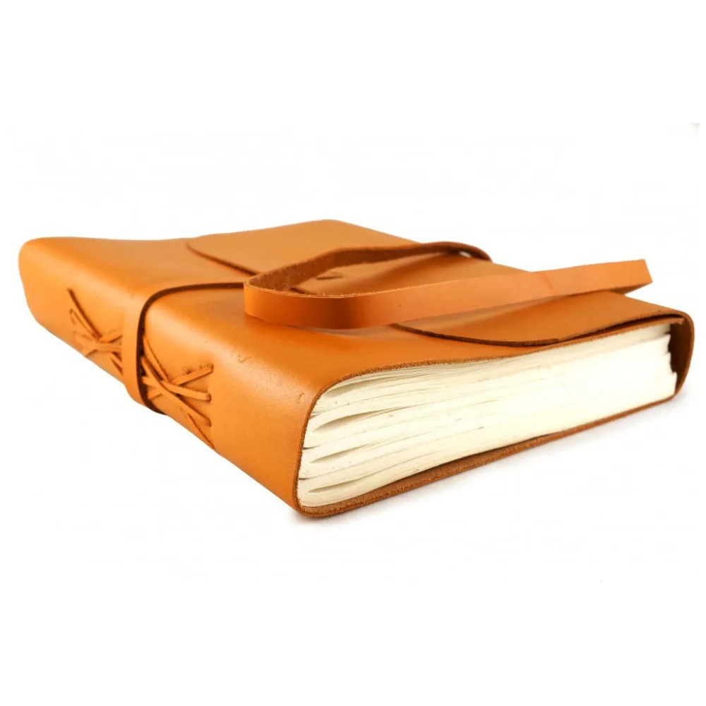 Elegant handmade personalized leather notebook amber orange large strap closure genuine leather journal cover