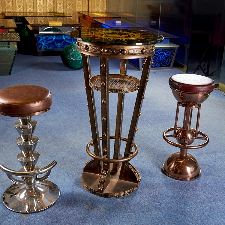 
antique brass Custom pattern table top metal bar table legs night club KTV bar cocktail tablePub Vintage Golden Metal Round Bar 