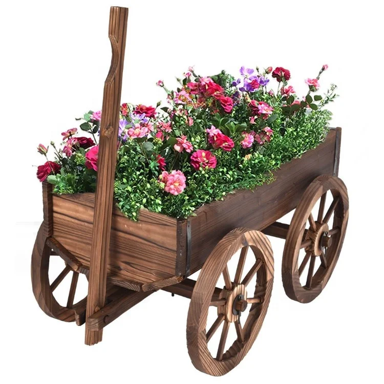 Wooden Garden Planter Car Outdoor Wooden Flower Pot Patio Wood Barrel Planter With Wheel