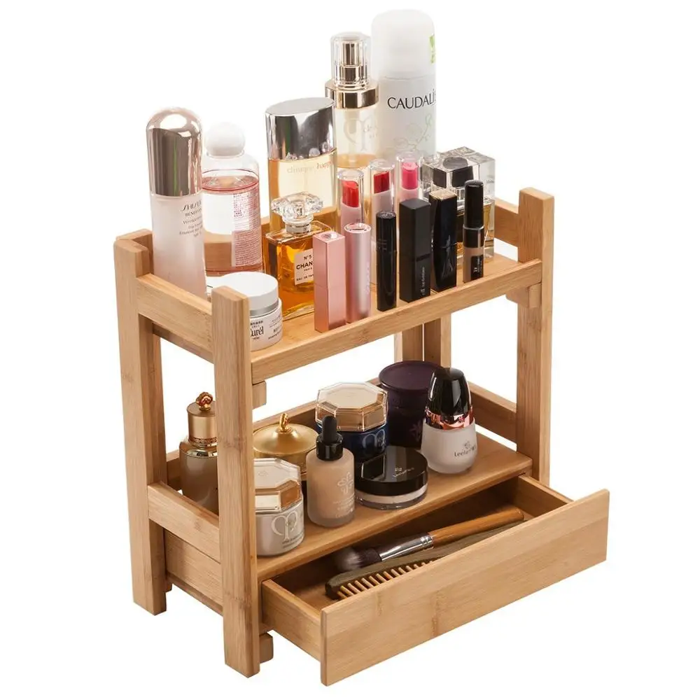 Natural Bamboo Wooden Makeup Organizer Holder Cosmetic Storage Bathroom Organizer Display Shelf with Drawer,Perfect Gift for Mom