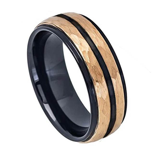 
Custom hammered rings tungsten carbide 8mm men gold engraved black rings 