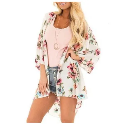 
Women Casual Floral Print Kimono Shawl Sheer Chiffon Loose Cardigan 