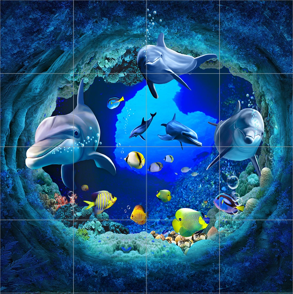 Ocean Blue Glazed Bathroom 3D Digital Porcelain Wall and Floor Dolphin Tiles