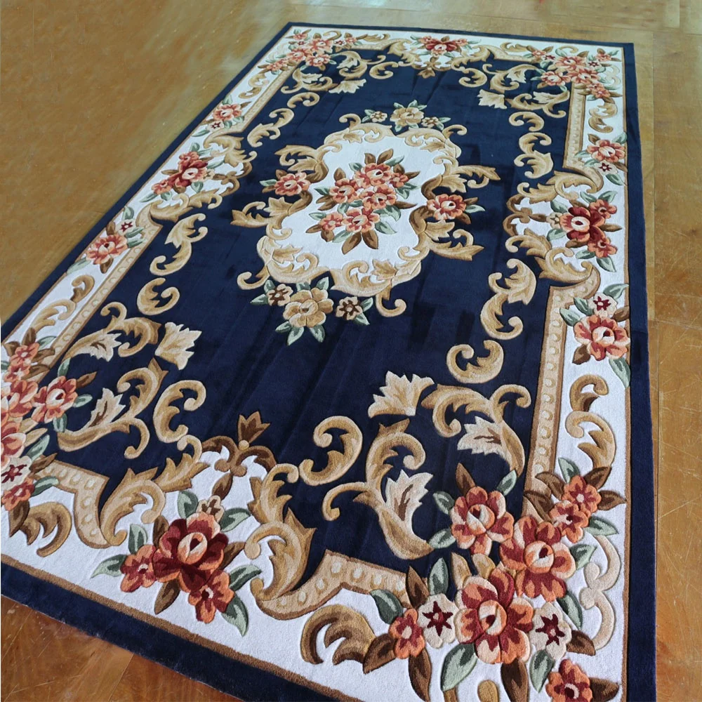 Navy Blue Floral Carpet Cut Pile Luxury Carpet Living Room Rugs