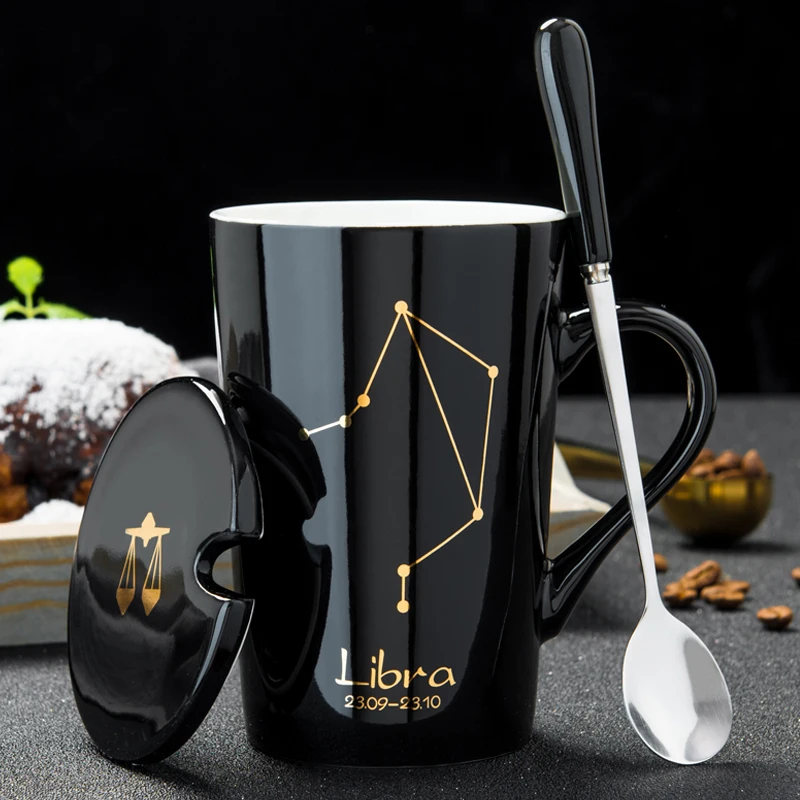12 Constellations Creative Ceramic Mugs with Spoon Lid Black and Gold Porcelain Zodiac Milk Coffee Cup