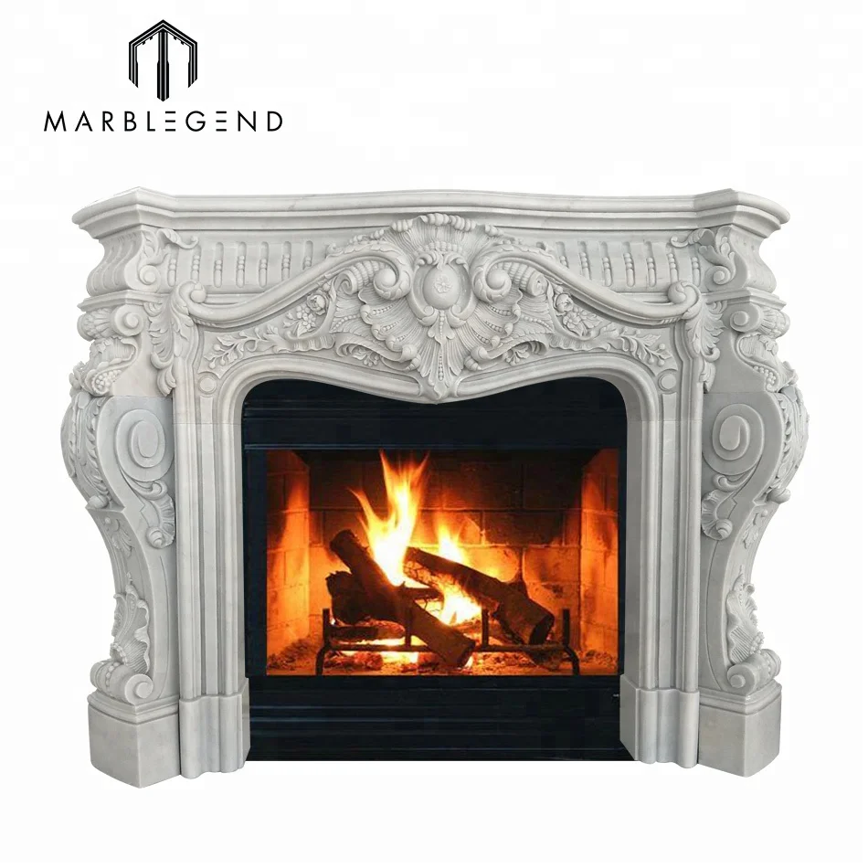 Leading Custom design indoor carved white marble freestanding fireplace mantel