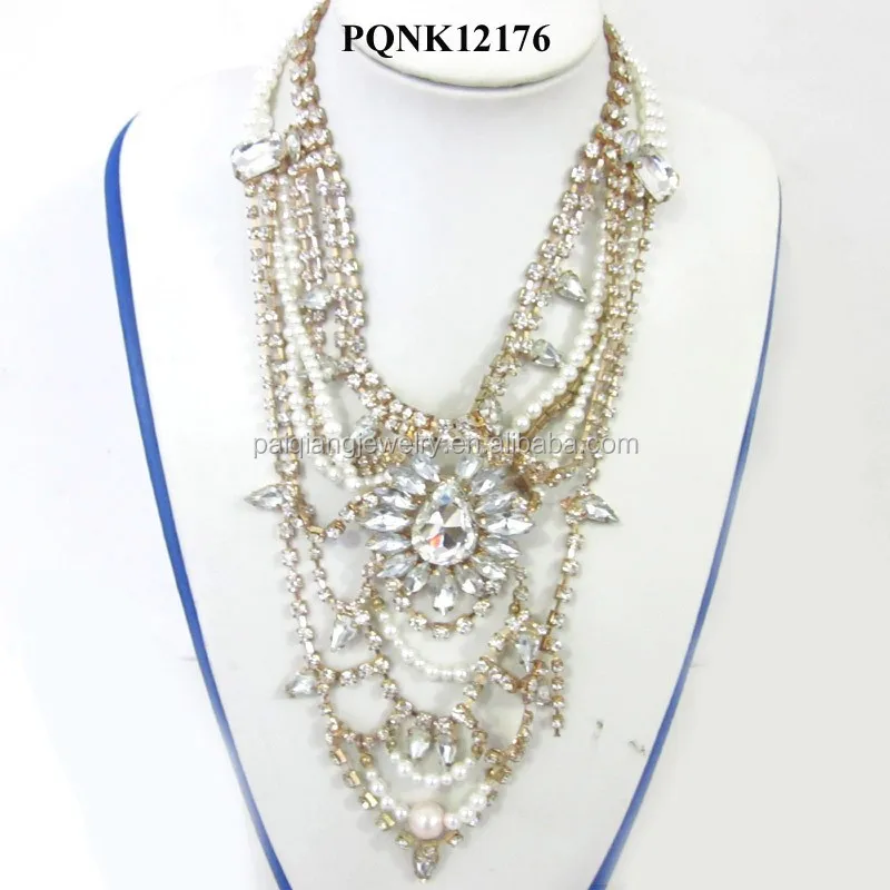 
Gold plated rhinestone crystal chains multi layer pearl large statement jewelry manufacturer china 