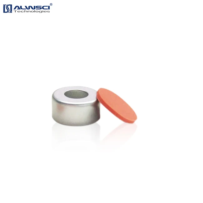 Vial caps SILVER 11mm Open Top Crimp Cap with Transparent TEF/Natural Rubber red-orange Septa 1mm Thick