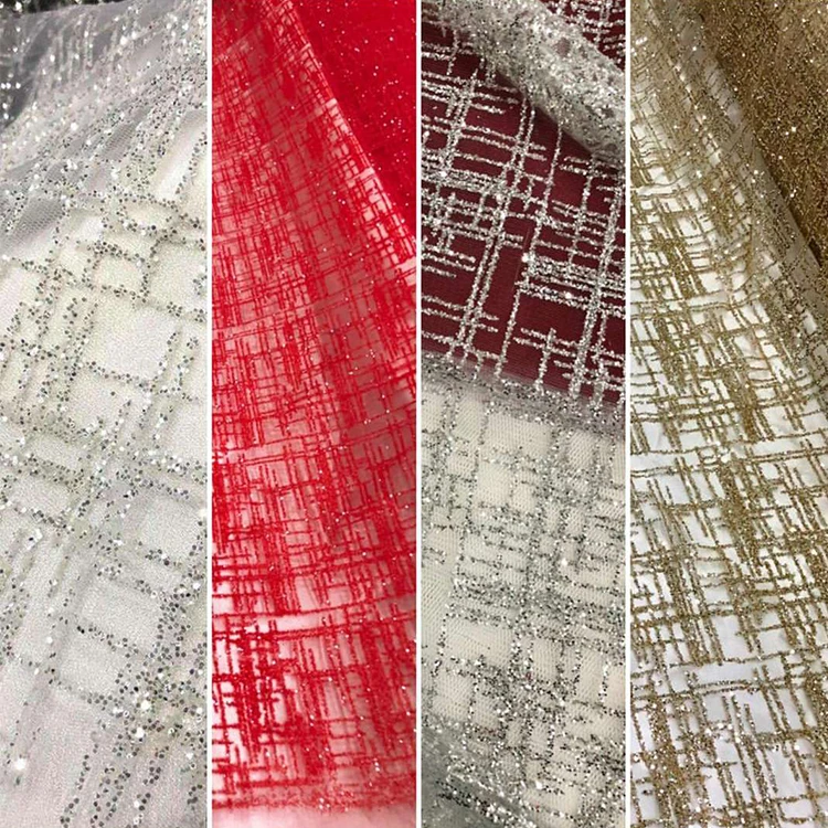 Wholesale Nigerian Champagne Gold Glitter Tulle Lace Fabric Sequin Online For Sparkle French Fashion Clothing Mesh Trim Material