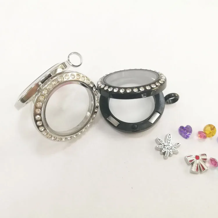 
round stainless steel wholesale floating locket with CZ stone 