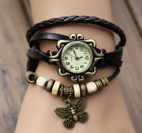 Fashion Ladies Wrist Women Watch Vintage Tribe Brass Dial Shell Leather Cord Quartz Bracelet Watch