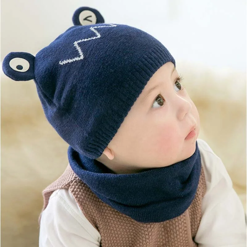 Fashion Warm Knitted Soft Winter New Born Cute Bear Toddlers Beanie Baby Hat And Scarf