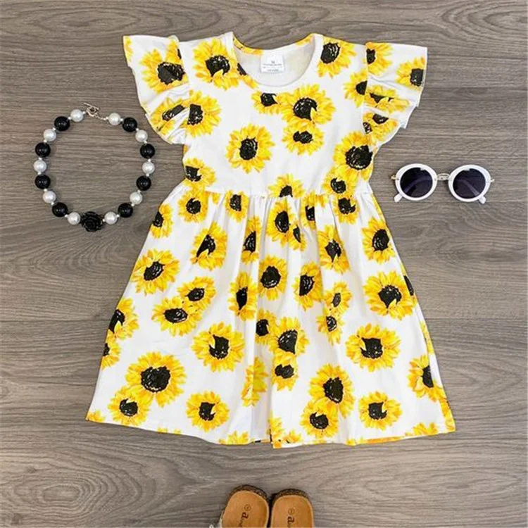 
New style children clothing baby girls summer Mustard Floral Pom Pom Dress 