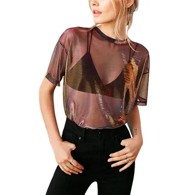 2019 Hot Women Summer Mesh Sheer Punk T- Shirt Holographic Short Sleeve Transparent Shiny Club Tee Shirt see through t-shirt