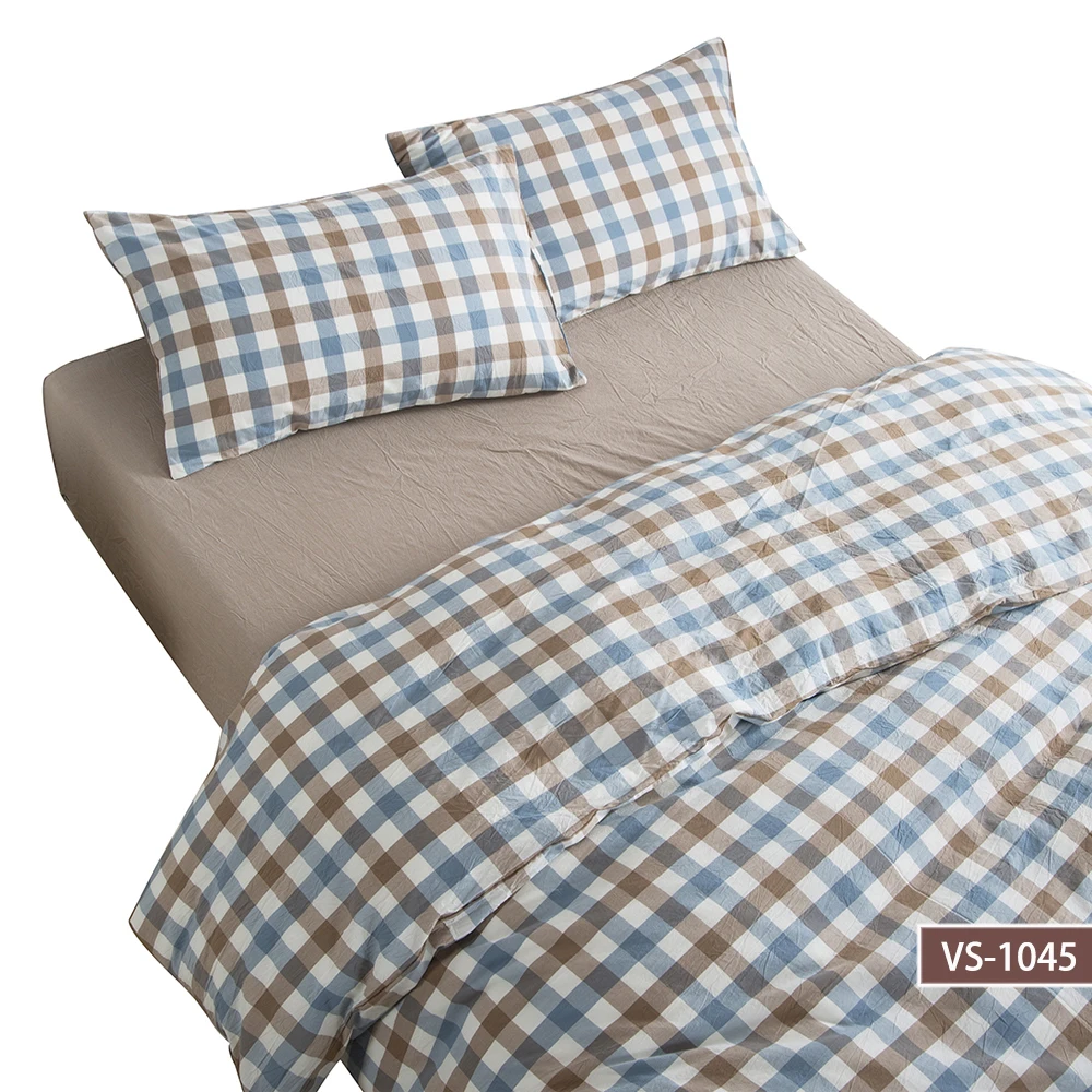Simple Japanese style stone washed 100% cotton bedding linen in small check pattern