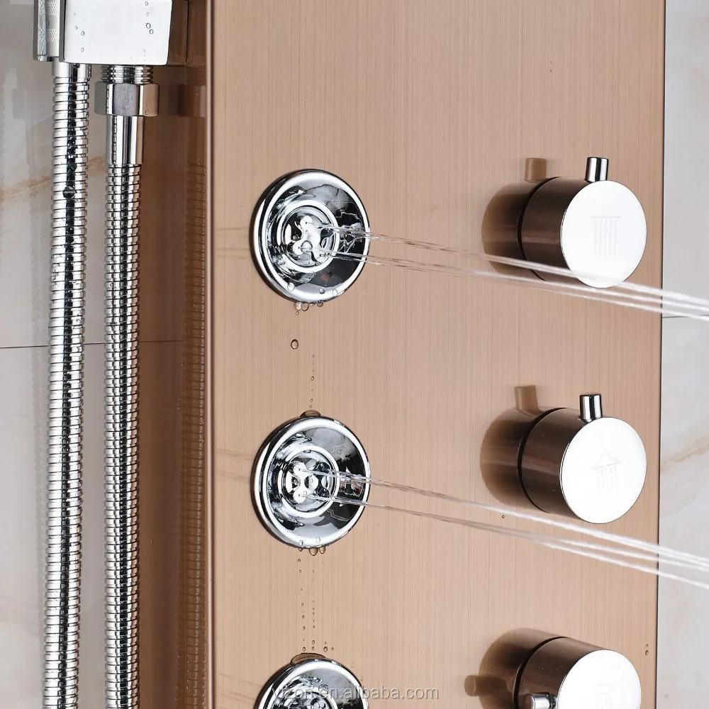 LED Shower Panel Column Rose Golden Waterfall Rain Shower Head Massage Tub Spout Hand Spray