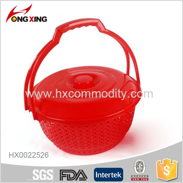Nice Design Red Round Plastic Fruit Basket with Cover and Handle