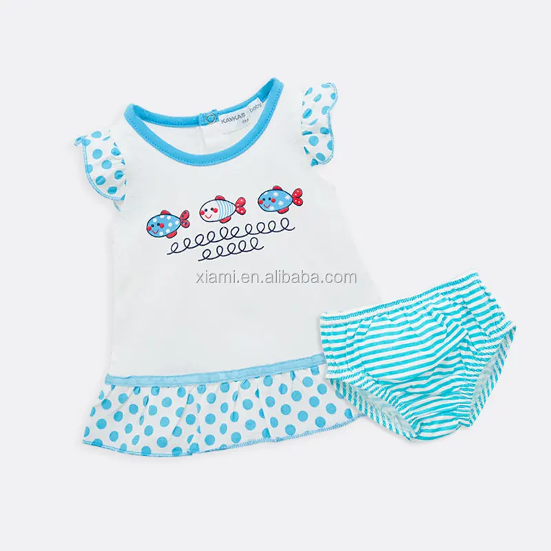 hot saling summer lovely fish pattern blue and black round dot two piece cute baby girl dress