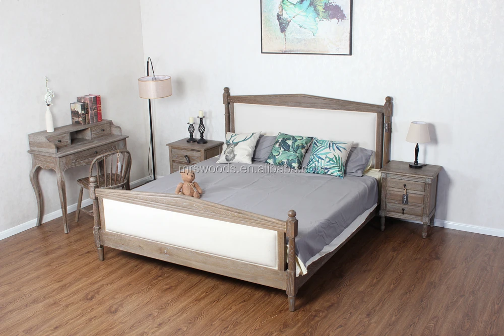 Linen upholstered french weathered oak bed frame