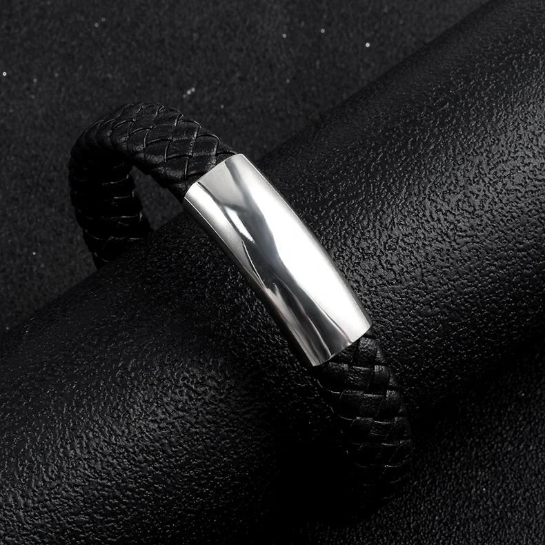 OUMI Classic Style  Braided Leather Bracelet Wristband With Stainless Steel Clasp For Womens&Mens