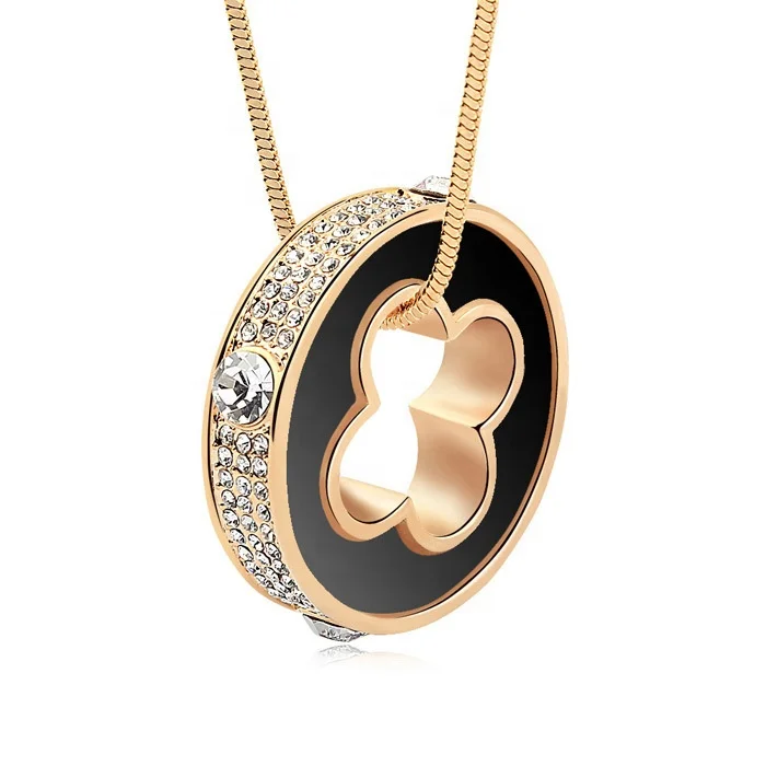 Non Tarnish Jewelry 18k Gold Plated Big Crystal Round White Black Four Leaf Clover Pendant Long Chain Necklace For Women