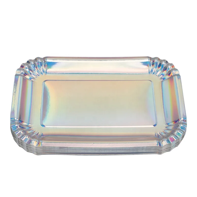 Classical Hot Sell  Disposable 400 gsm  10.5 inch Rectangle  Rainbow Silver Foil Paper Plates