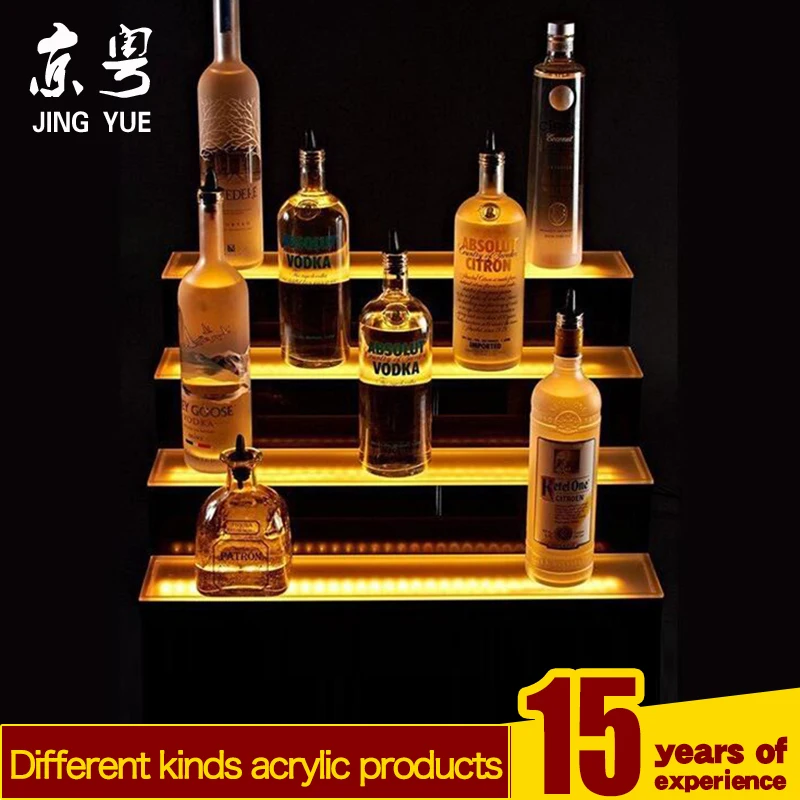 Factory custom hotel bar 3 tier pmma plexiglass floating led wine acrylic display shelf rack wine bottle glorifier display stand
