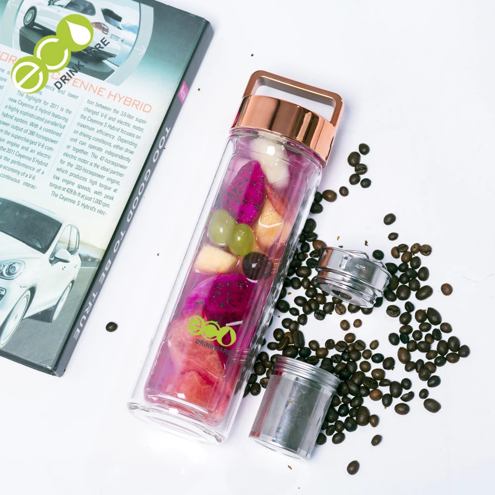 Stocked GA6080 450ML/16OZ shiny loop lid double wall borosilicate glass tea infusion water bottle tumbler