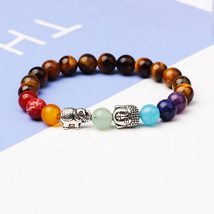 Ladies Fashion Alloy Buddha Elephant Charms Tiger Eye Beads 7 Colors Onyx Lucky Beads Chakra Bracelet