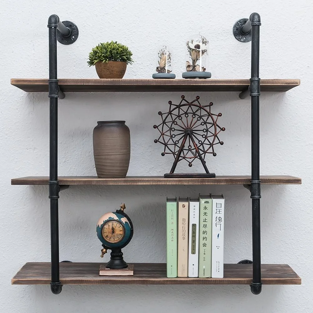 Industrial Pipe Shelves with Wood 3-Tiers,Rustic Wall Mount Shelf 36.2in,Metal Hung Bracket Bookshelf,Diy Storage Shelving
