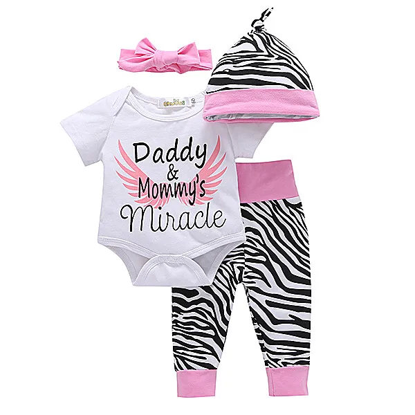 
High Quality 100% Cotton Baby Clothes Daddy Mommy Plain Baby Romper gift set with romper + pants +hat + hair band 
