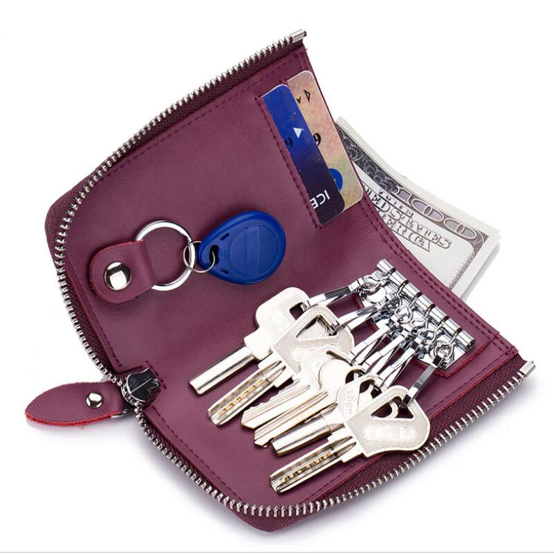 Multi-function car key case coin purse genuine cow leather wallet card key ring multi-color