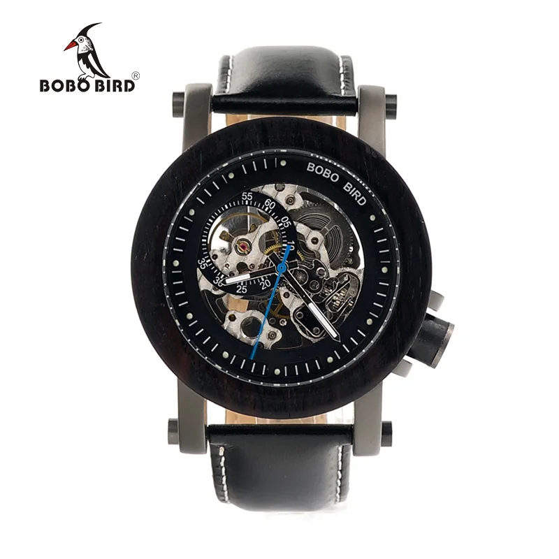 BOBO BIRD Top Brand Automatic Relojes Hombre With Natural Ebony Shell