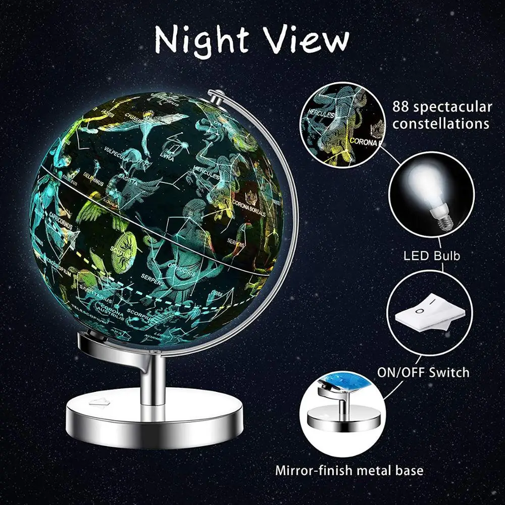 
Gelsonlab HSGA-031 Educational 8 inch World Globe Built in LED Light with World Map and Constellation View 