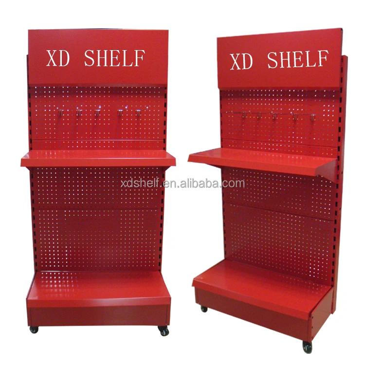 Silk printing Customize Logo Board Red Color Metal Pegboard display with wheels