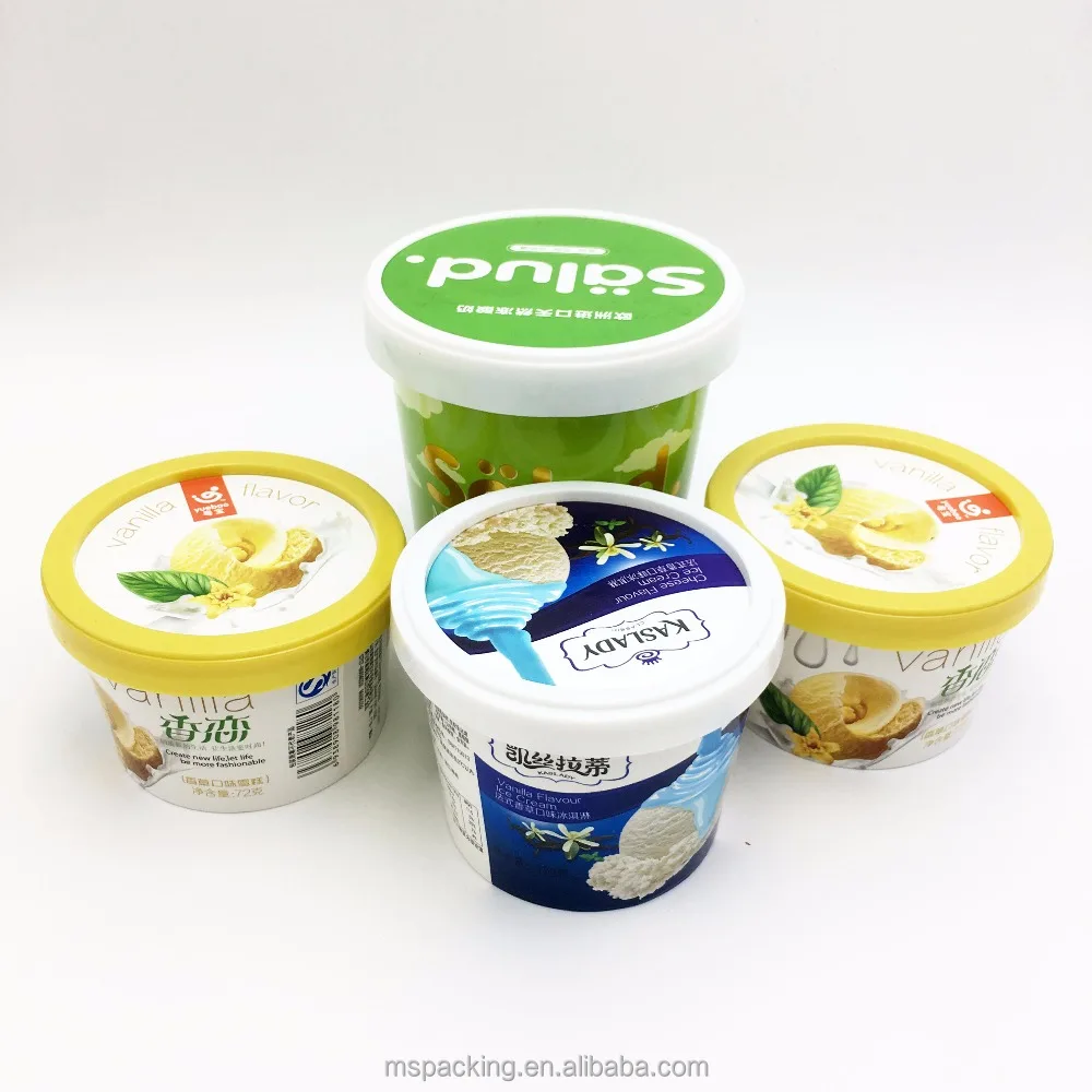 Custom design disposable ice cream paper cups and plastic lids company brand logo printed paper ice cream cup with lid and spoon