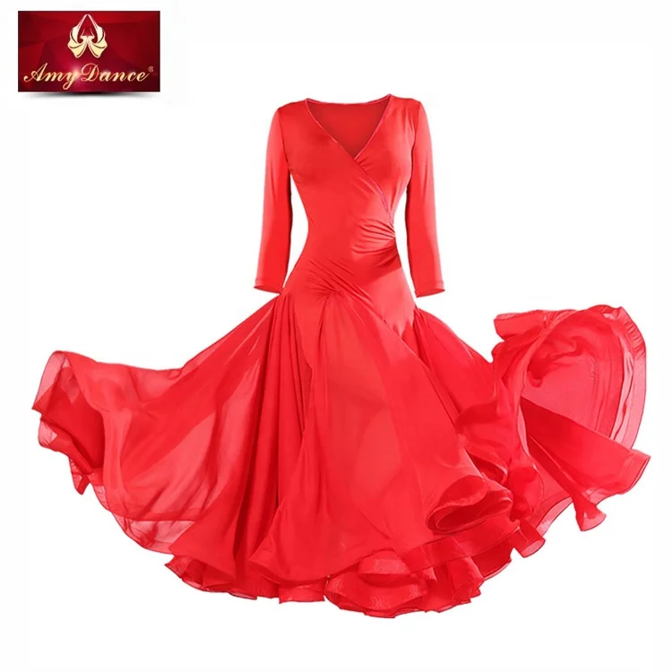 
High end puffy large hem v neck red flamenco ballroom dance wear women adult ballroom dance dress 