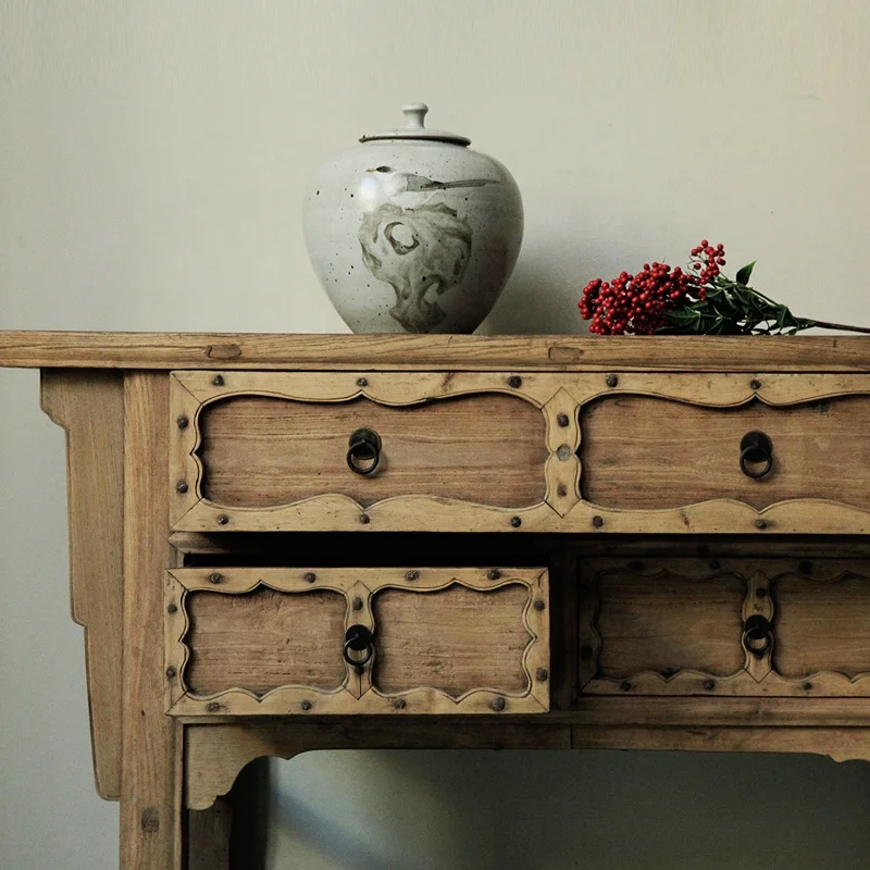China Antique Reclaimed reproduction Elm console table furniture factory supplier Drawer Cabinet antique wood console