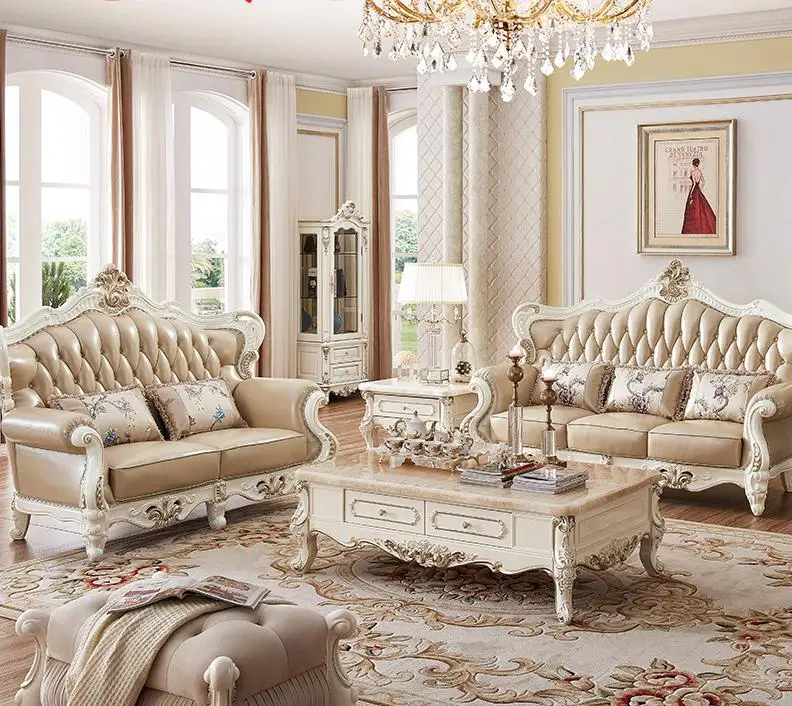 Golden Color Luxury Royal Style Home Furniture Genuine Leather Sofa With Carved Wood