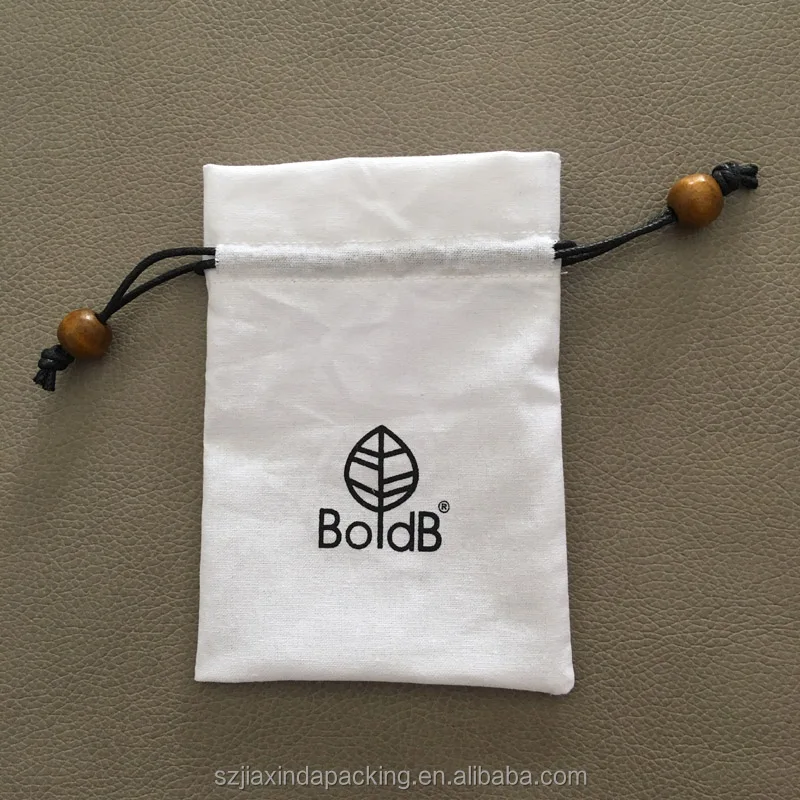 White Cotton Drawstring Pouch With Bead