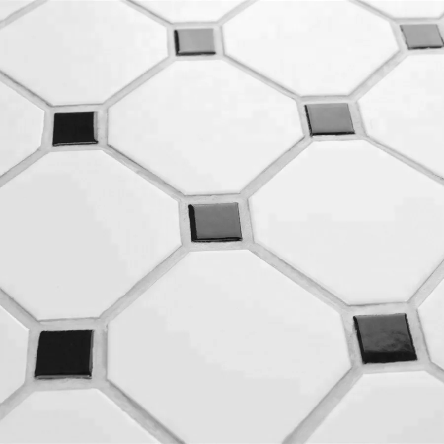 In stock 4' white mix black dot ceramic octagon mosaic floor tile for bathroom office design