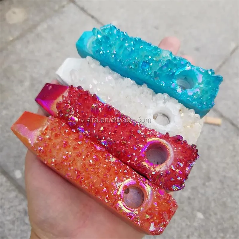 
Hot Sale Carved Decorative Rainbow Aura Quartz Crystal Cluster Crystal Smoking Pipes 