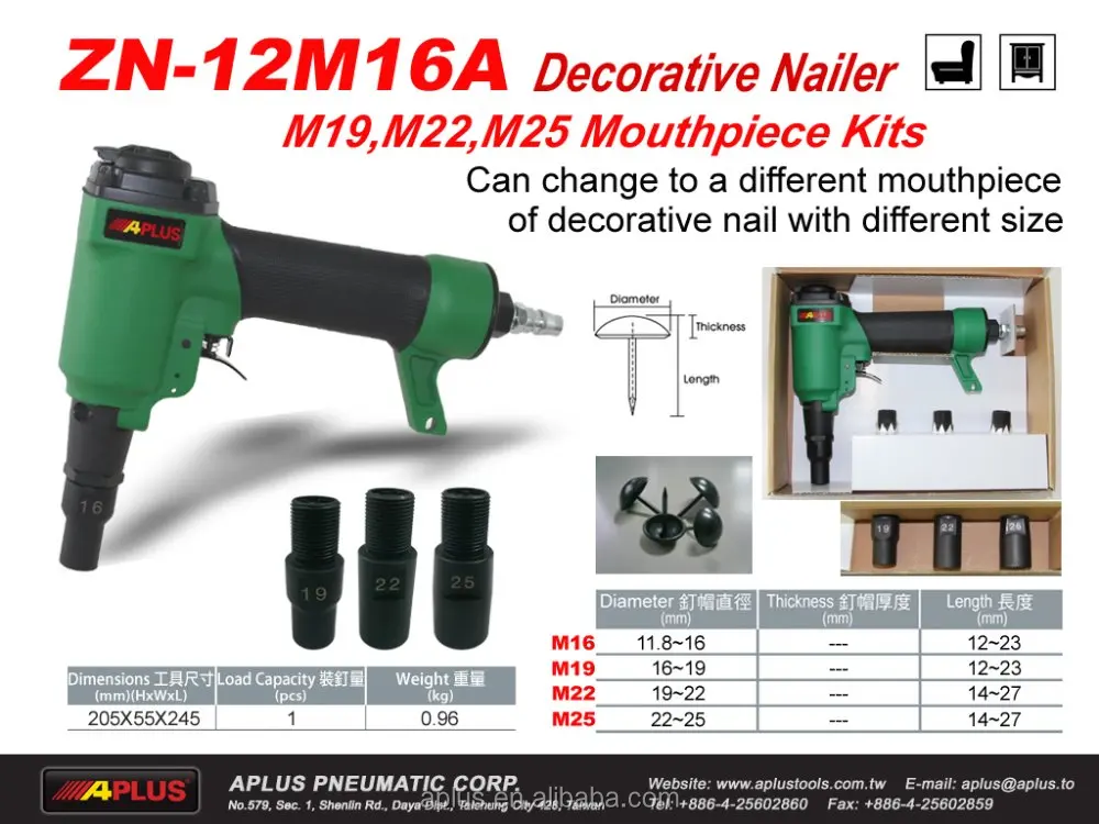 APLUS ZN-12B, air decorative nailer for sofa loading by loss nail, it can automatic feed. control auto feed speed by air.