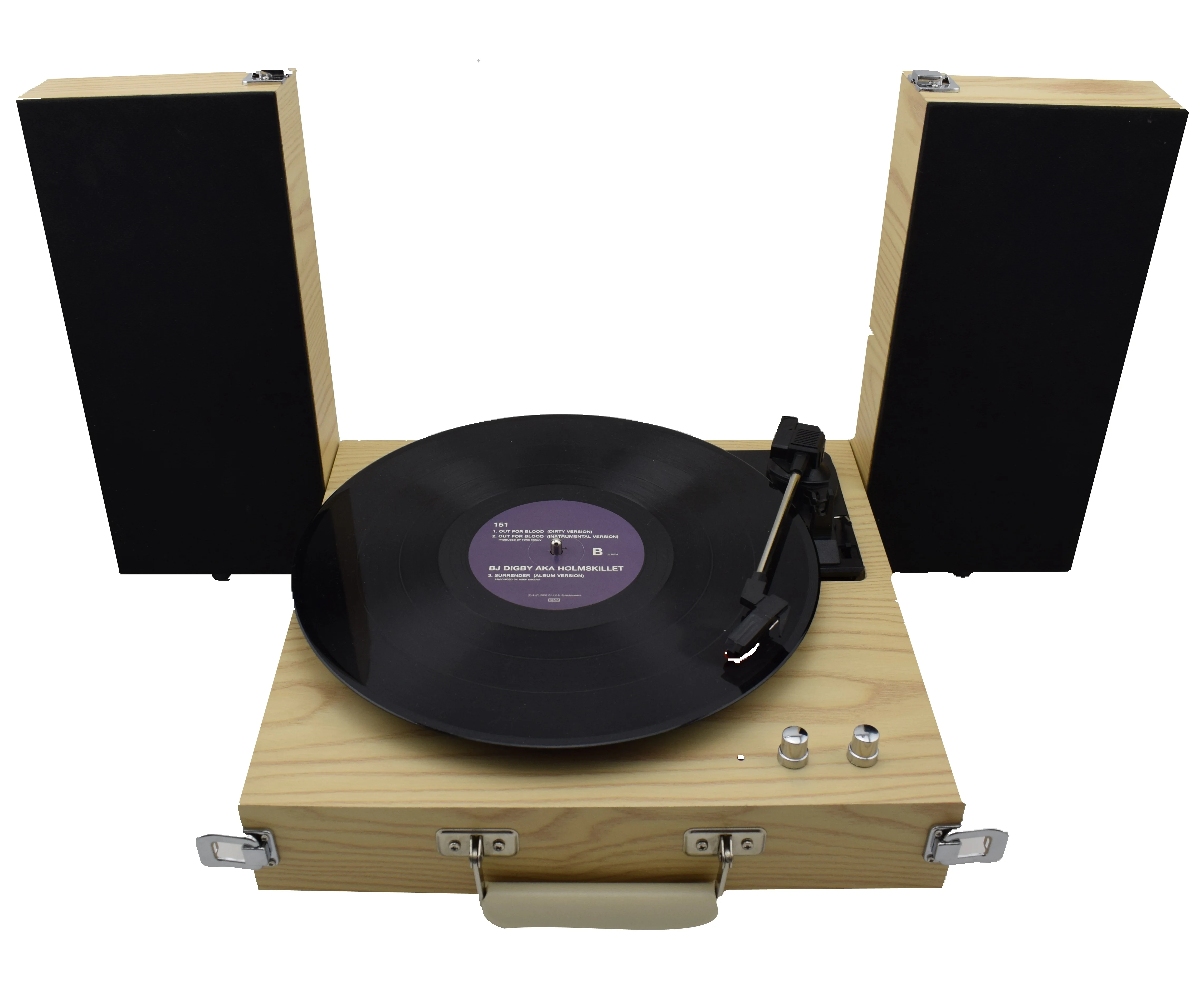 Compact design wooden gramophone record Player vinyl turntable with pitch control, RCA out& foldable Speakers
