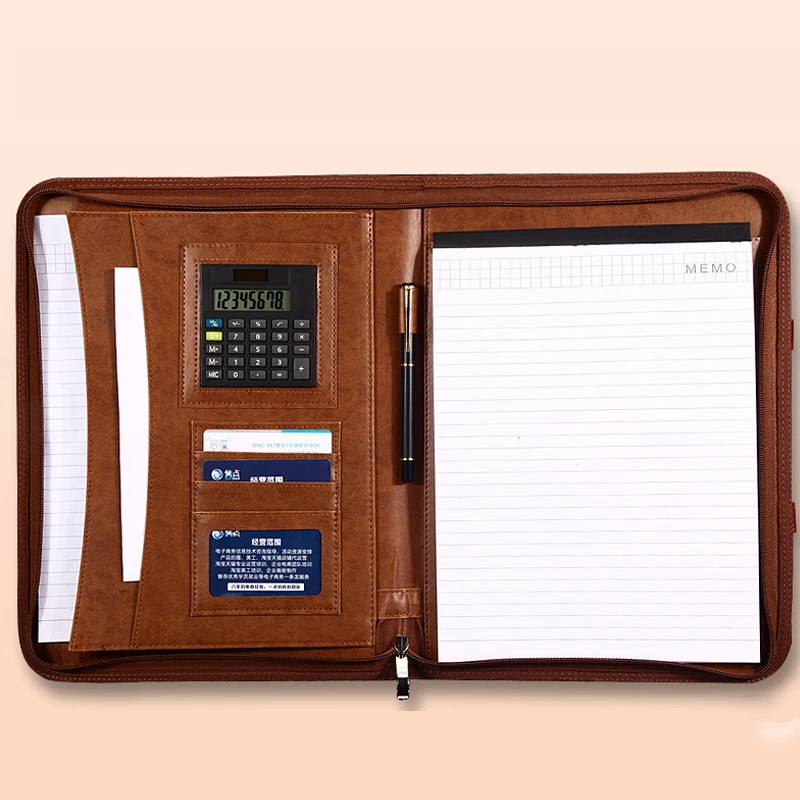 
High quality a4 A5size business leather portfolio pu Conference Folder With Notepad Holders stationery factory zipper folders 