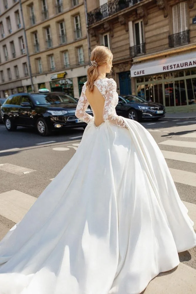 
Vintage bridal ball gown veils wedding dress party long sleeves backless 