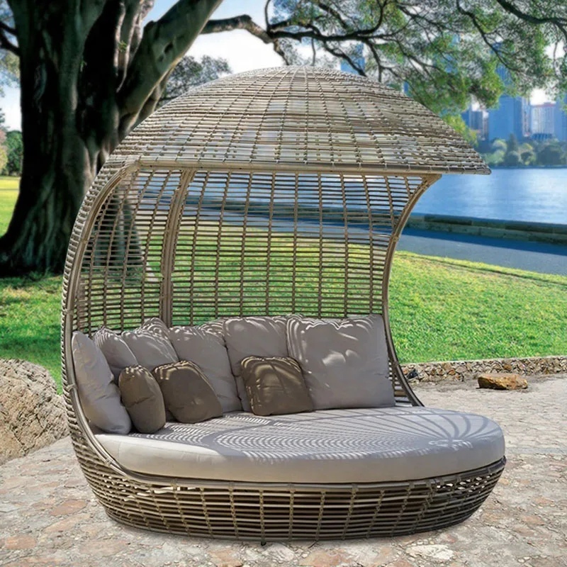 Wholesale aluminum frame wicker furniture outdoor canopy rattan sunbed beach daybed